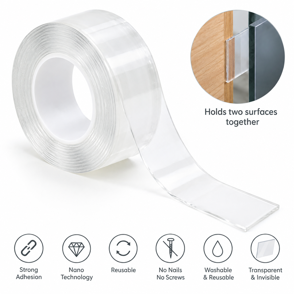 Nano double-sided tape roll flat lay on white background