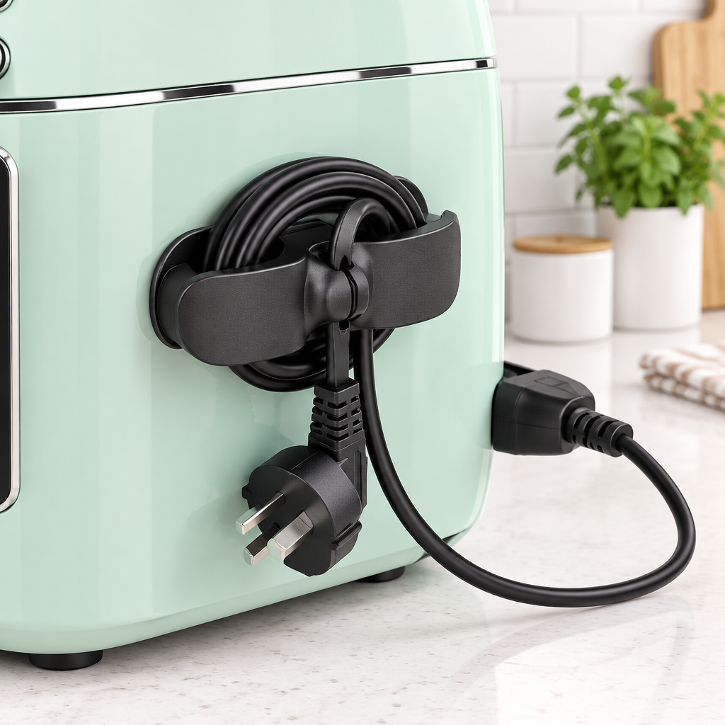 Self-adhesive cable wire winder clip mounted on mint green kitchen appliance organizing power cord