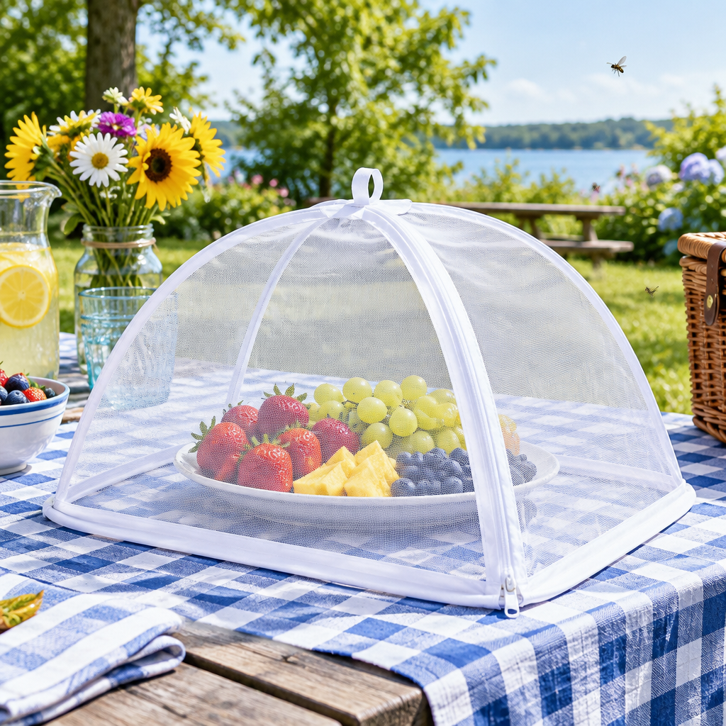 Pop-up mesh food cover tent over fruit on a sunny outdoor picnic table