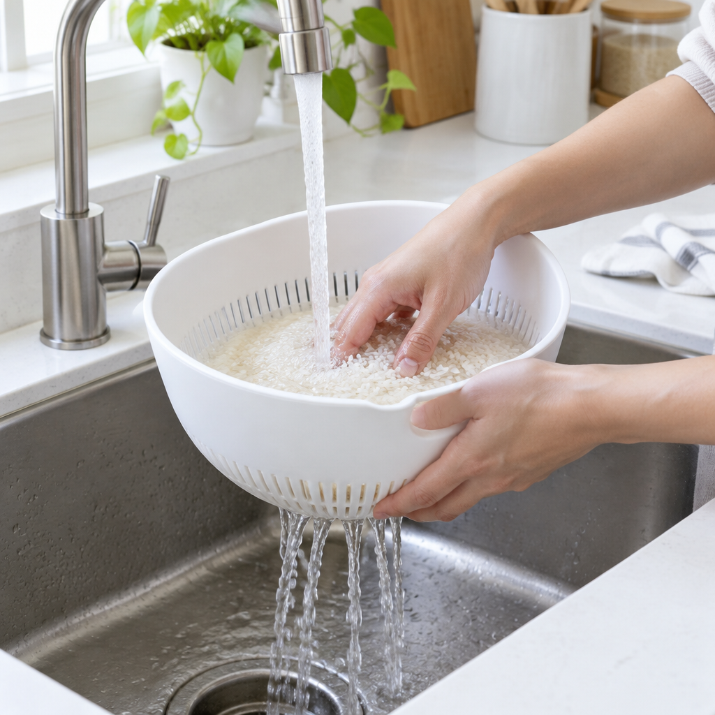 Hands rinsing rice in a white strainer bowl at a modern kitchen sink