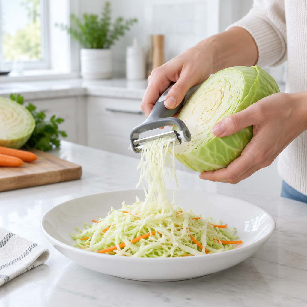 Hands using a vegetable peeler on fresh cabbage over a white plate in a bright kitchen