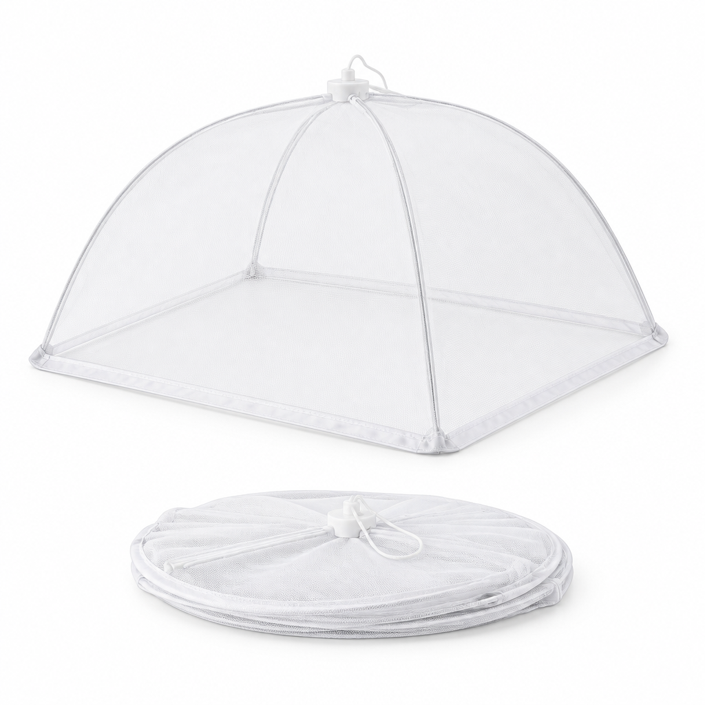 Folding mesh food cover shown open and folded flat on white background