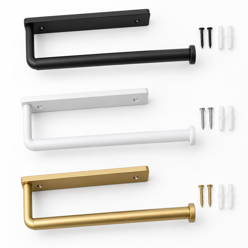 Under-cabinet paper towel holders in black white and gold flat lay on white background