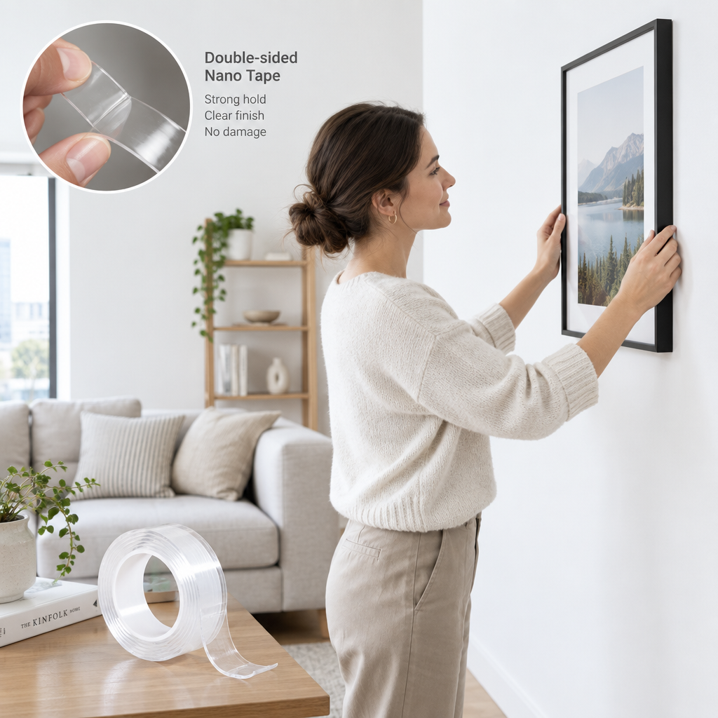 Nano tape being used to mount a picture frame on a modern white wall