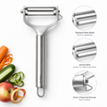 Stainless steel multi-function vegetable and fruit peeler flat lay on white background
