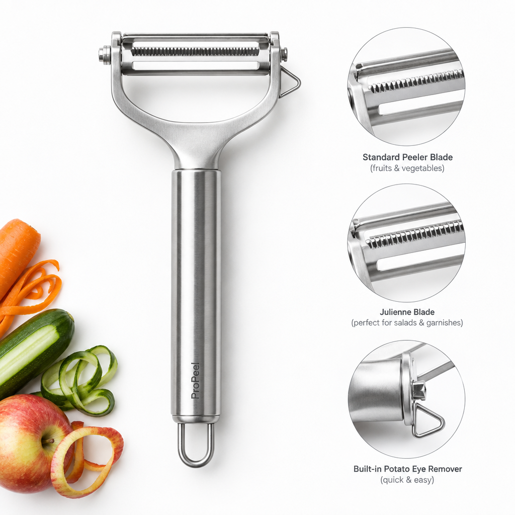 Stainless steel multi-function vegetable and fruit peeler flat lay on white background