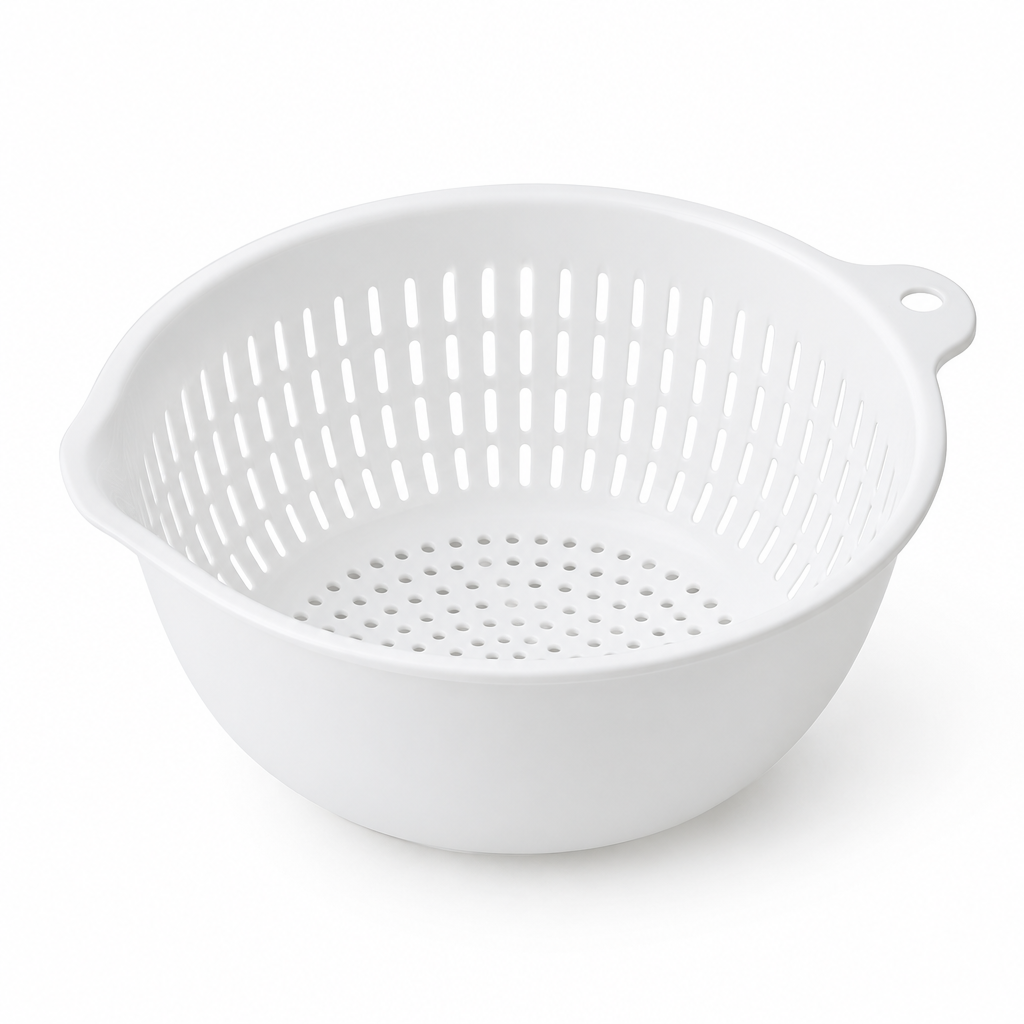 White rice washing strainer bowl with drainage holes flat lay on white background