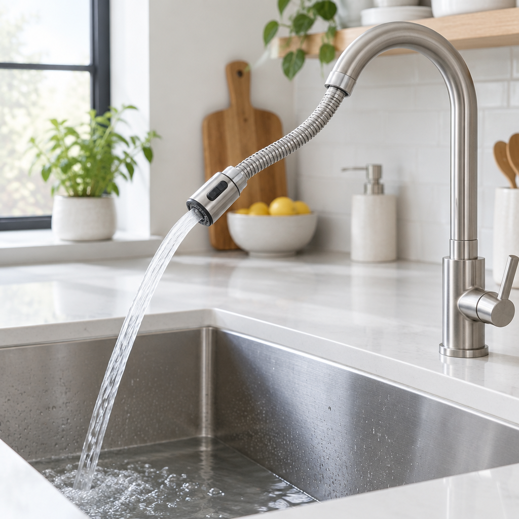 Stainless steel flexible faucet extender on a kitchen sink tap with water flowing
