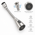 Stainless steel kitchen faucet extender nozzle flat lay on white background showing rotation joint