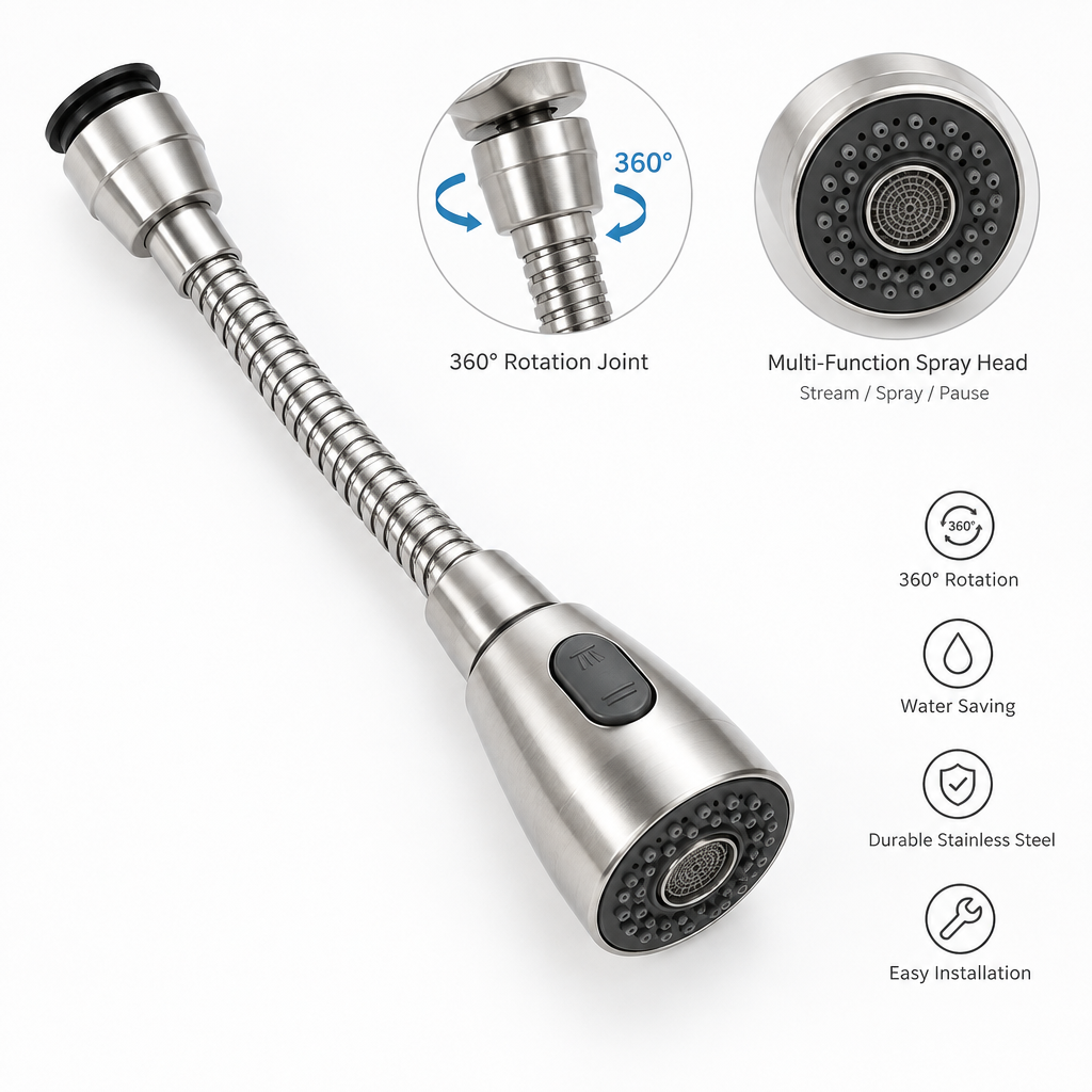 Stainless steel kitchen faucet extender nozzle flat lay on white background showing rotation joint