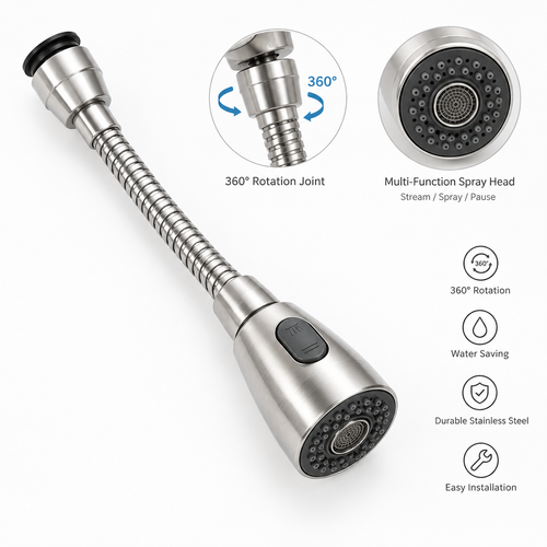 Stainless steel kitchen faucet extender nozzle flat lay on white background showing rotation joint