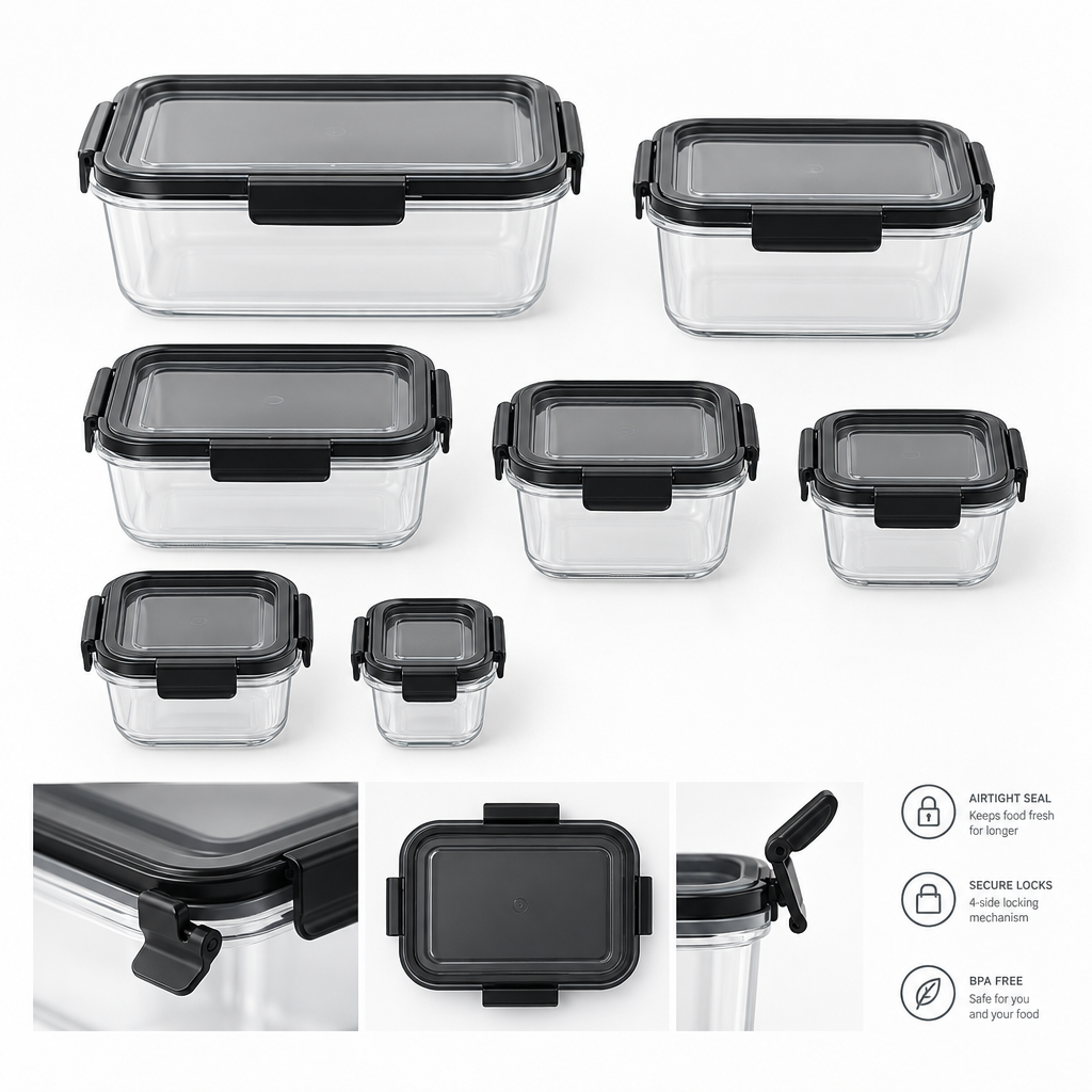 Set of clear airtight food storage containers with black lids in various sizes flat lay on white background