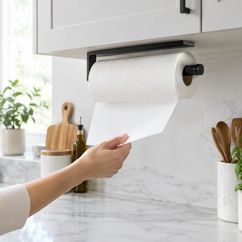 Black under-cabinet paper towel holder mounted in a modern kitchen with marble countertop